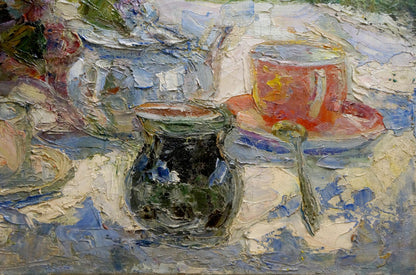 Vibrant red ceramic teacup with gold floral design on saucer in Naumova Tamara Sergeevna oil painting