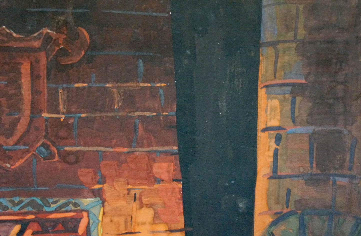 Abstract Deineka painting of castle entrance with bold textured reds oranges blues