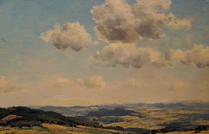 Oil painting landscape with field: serene rolling hills under vast cloudy sky