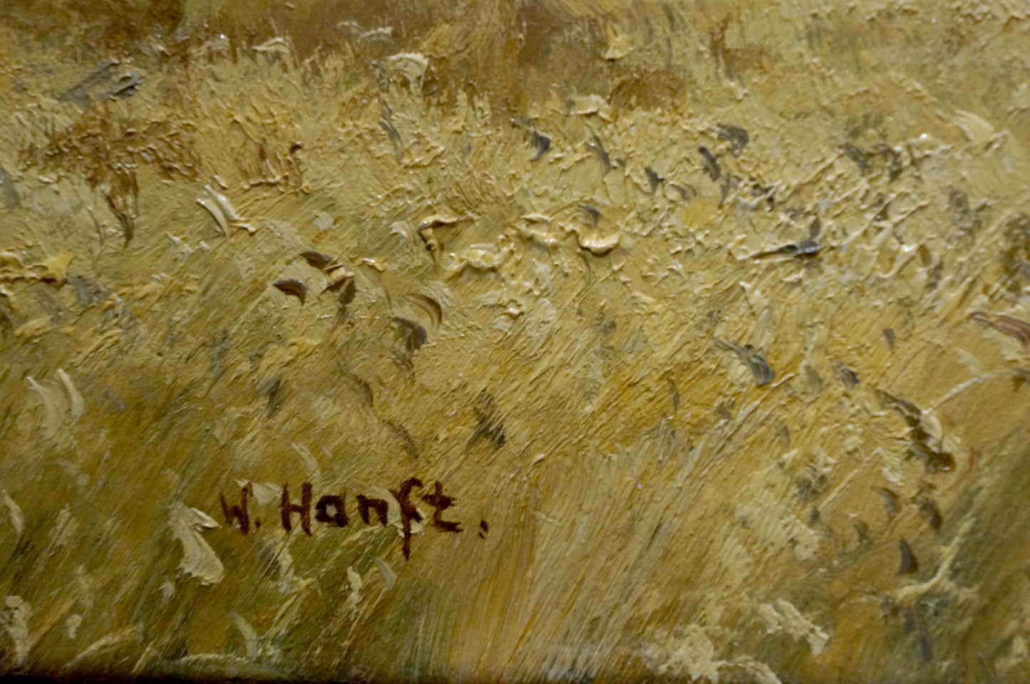 Textured golden-yellow oil painting landscape with field, brushstrokes and w. signature