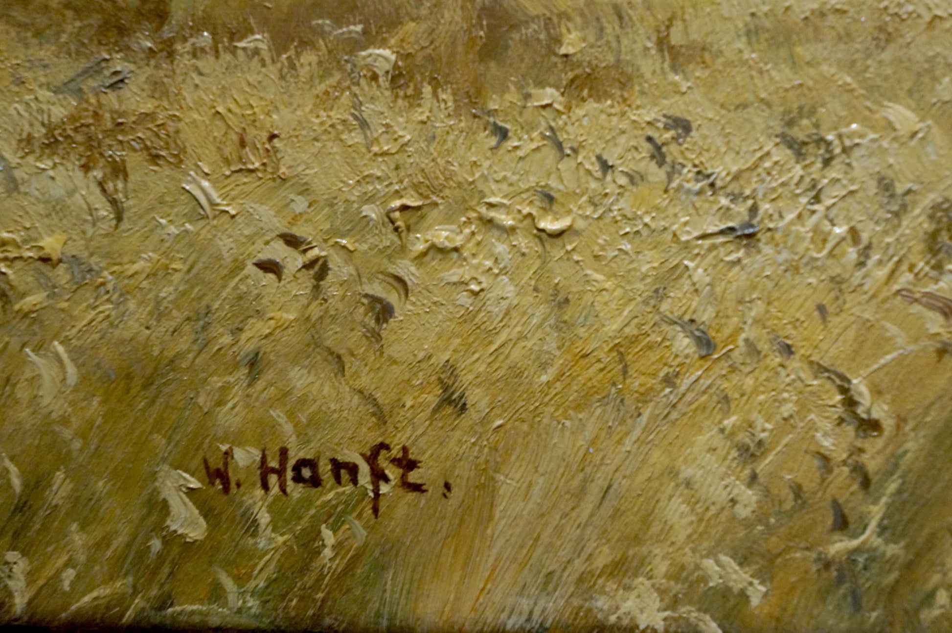 Textured golden-yellow oil painting landscape with field, brushstrokes and w. signature