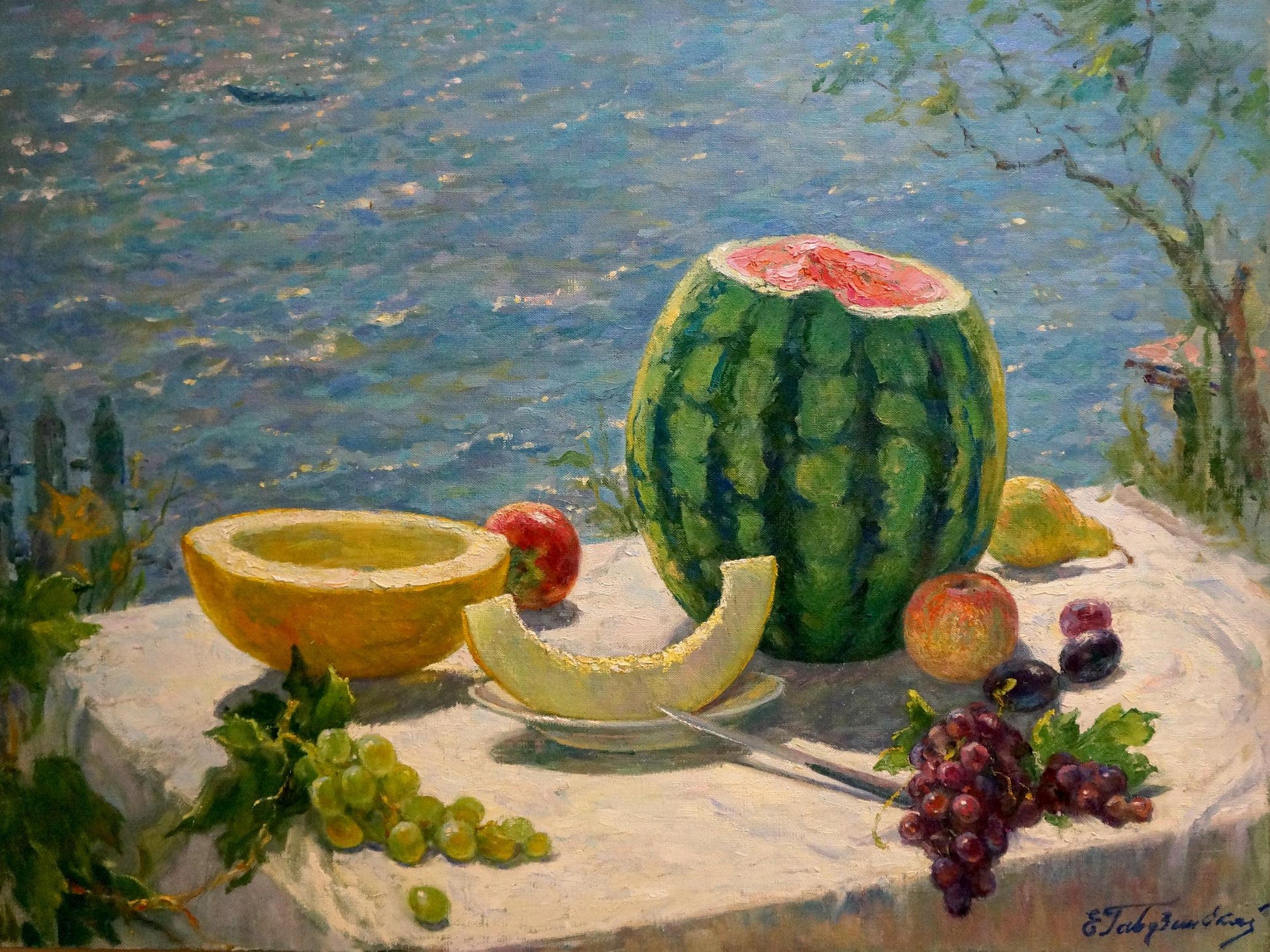 Oil painting by Elena Albinovna August Gavdzinskaya of green watermelon with pink interior