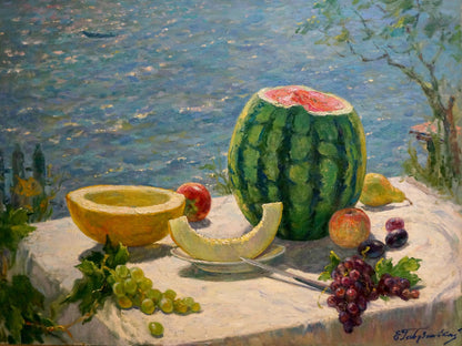 Oil painting by Elena Albinovna August Gavdzinskaya of green watermelon with pink interior