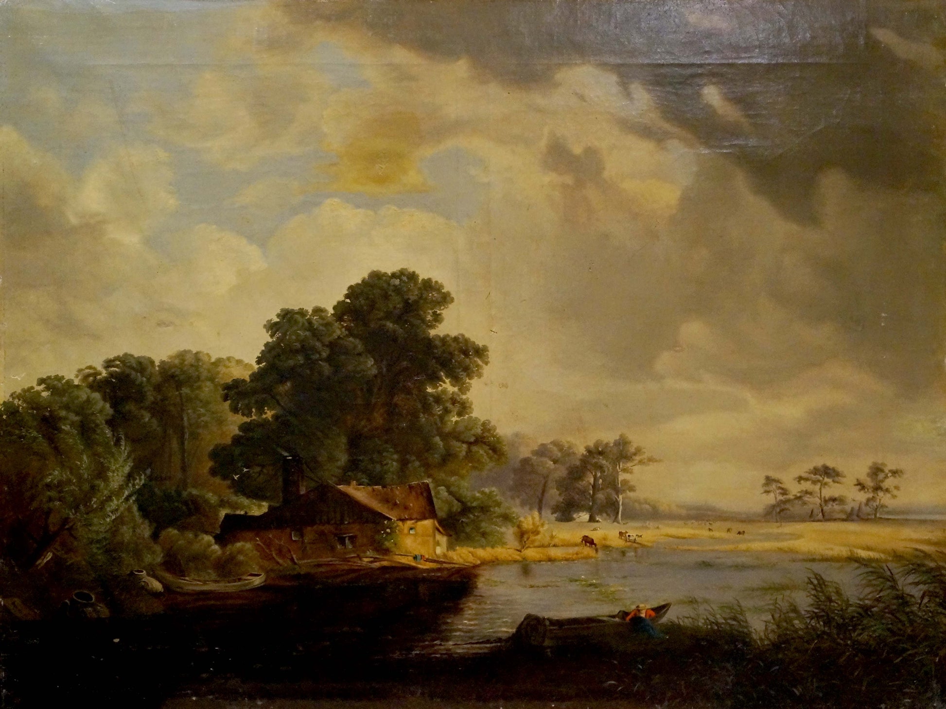 Oil painting Evening Along the River: rustic cottage by calm waters under cloudy sky