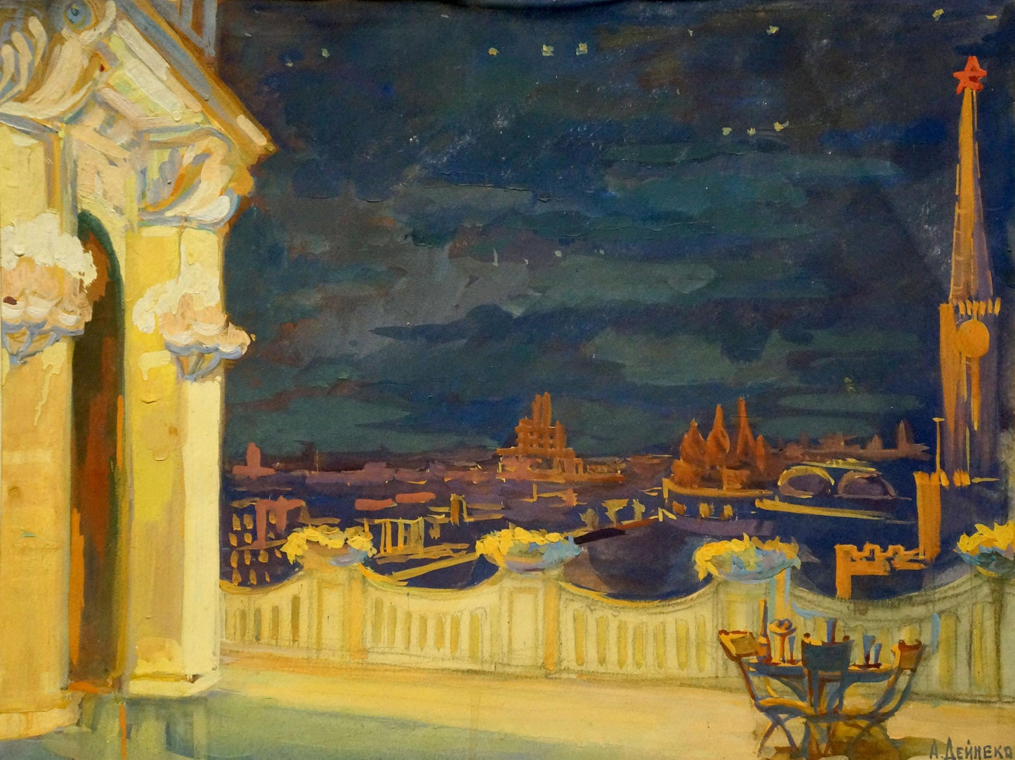 Vibrant oil painting by Deineka Alexander Alexandrovich: nighttime cityscape