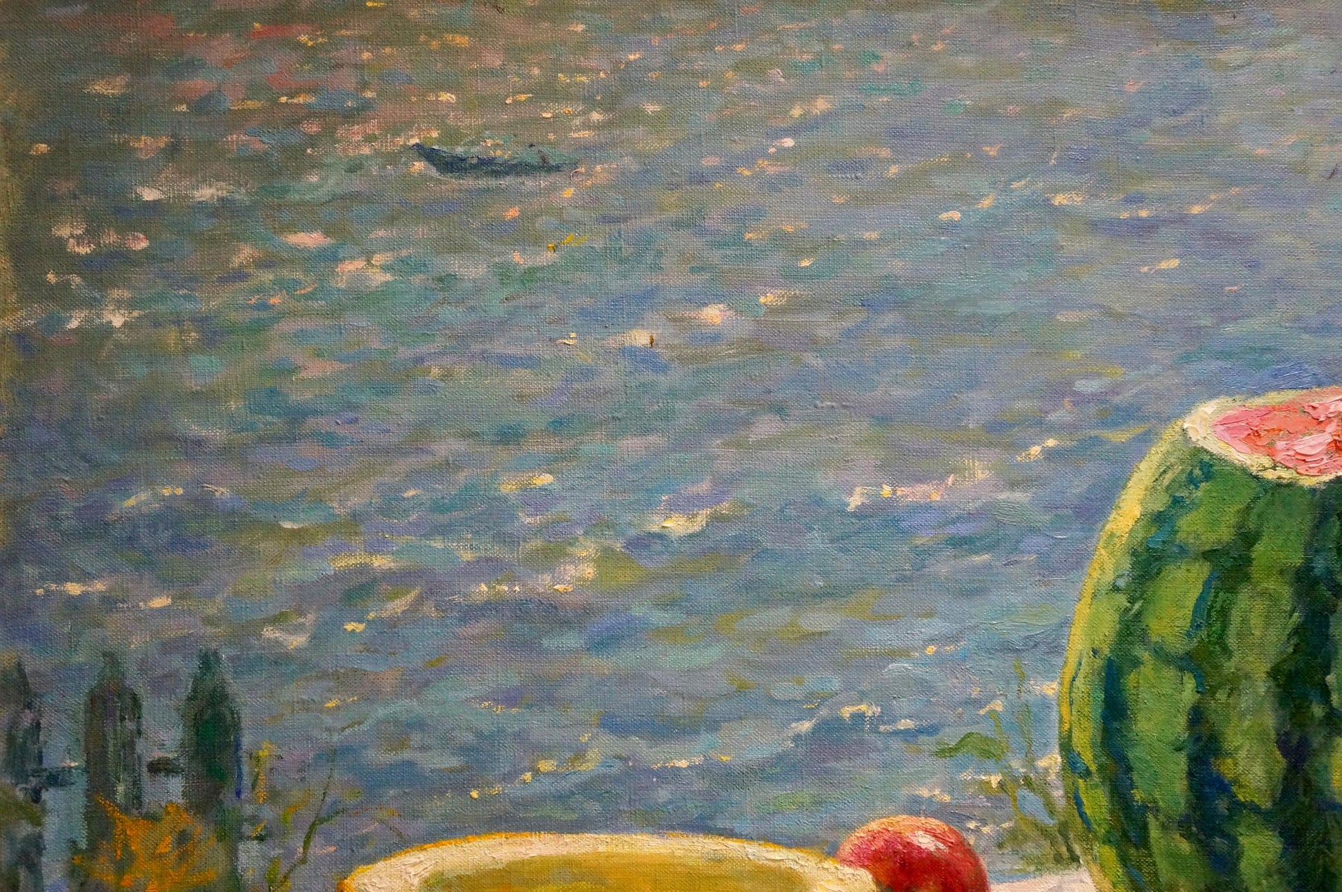 Oil painting by Elena Albinovna August Gavdzinskaya: half-eaten green watermelon with red interior beside small red fruit on yellow surface