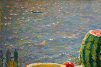 Oil painting by Elena Albinovna August Gavdzinskaya: half-eaten green watermelon with red interior beside small red fruit on yellow surface