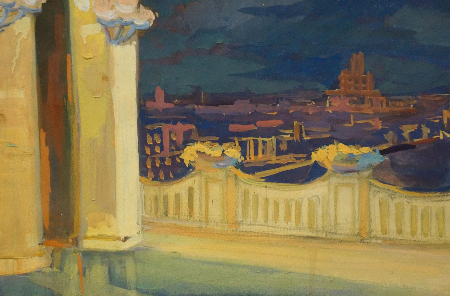Oil painting by Deineka Alexander Alexandrovich: impressionistic twilight cityscape from ornate balcony