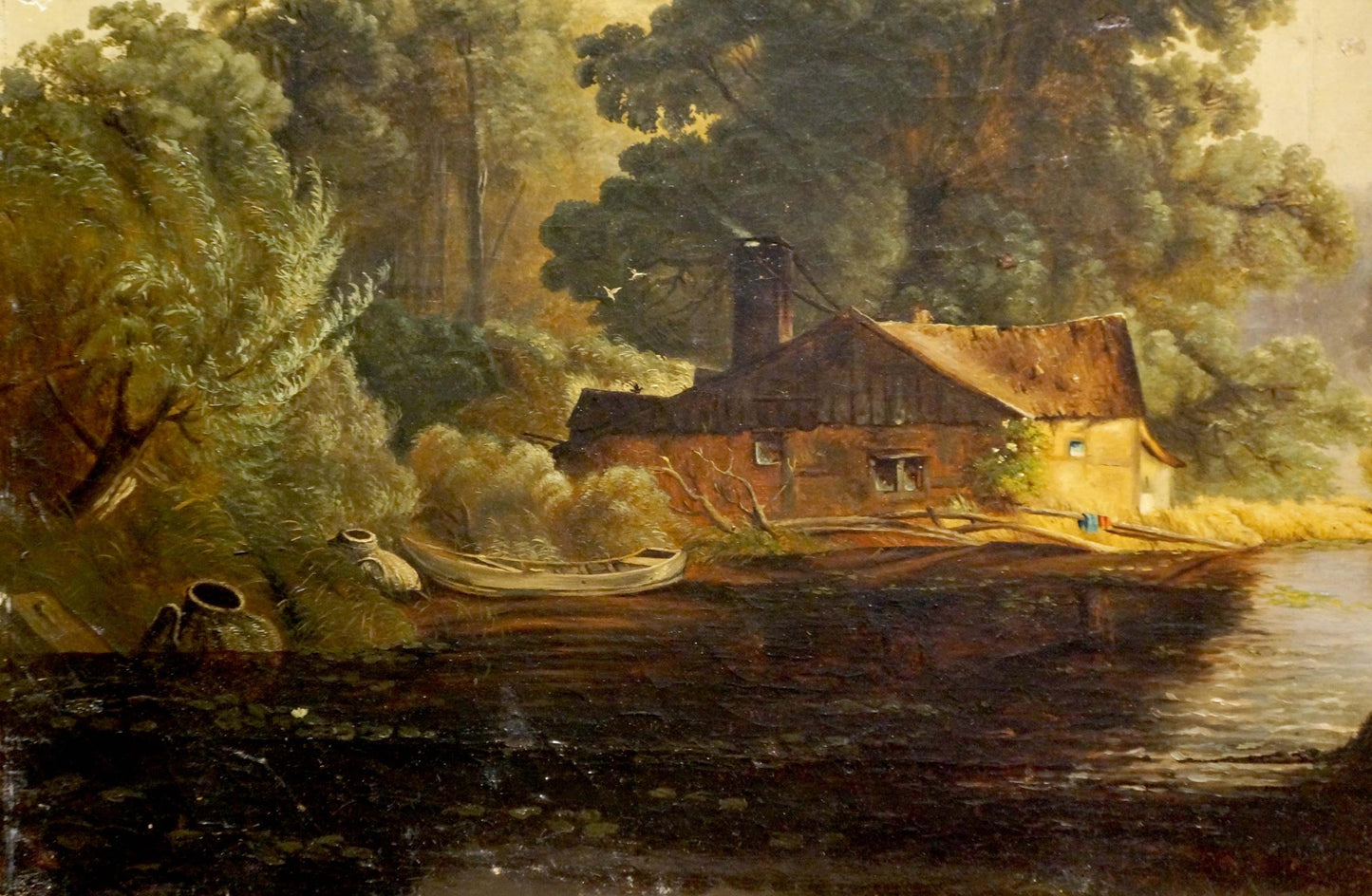 Oil painting of rustic cabin by river, Evening Along the River