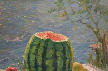 Impressionistic oil painting by Elena Albinovna August Gavdzinskaya of vibrant green watermelon with juicy red interior