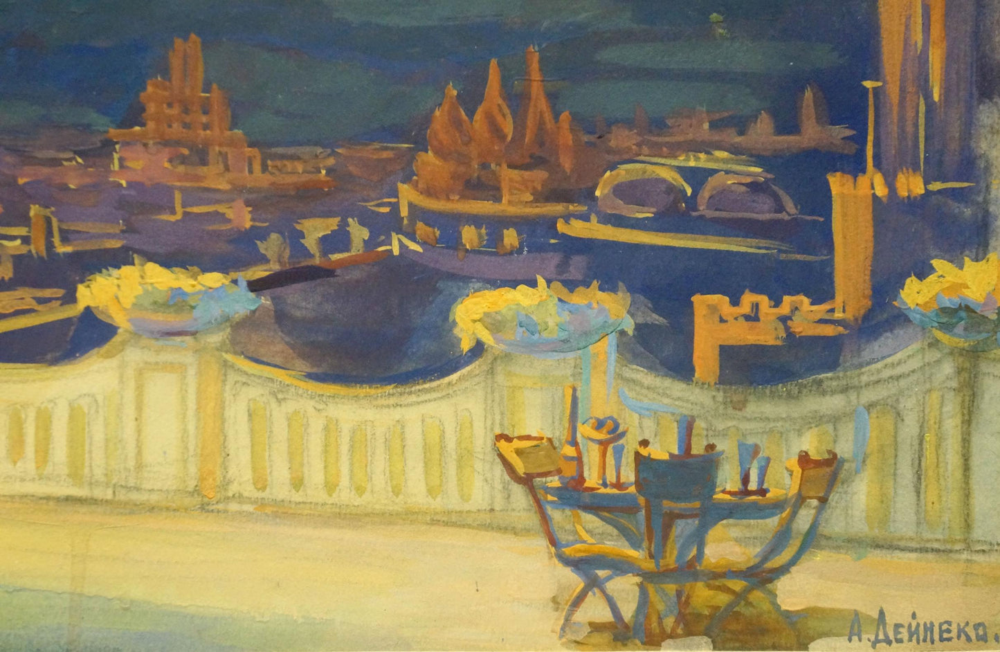 Stylized Deineka oil painting of dusk cityscape with warm buildings
