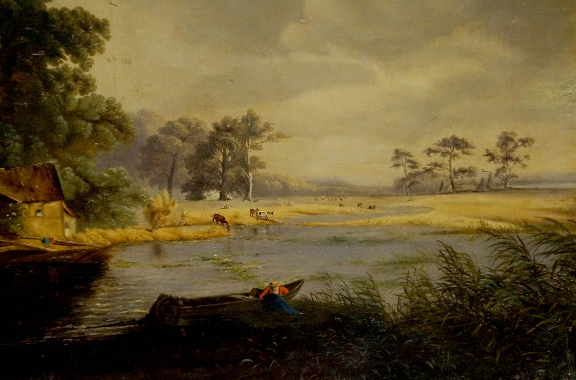 Oil painting Evening Along the River: rustic lakeside cottage and boat