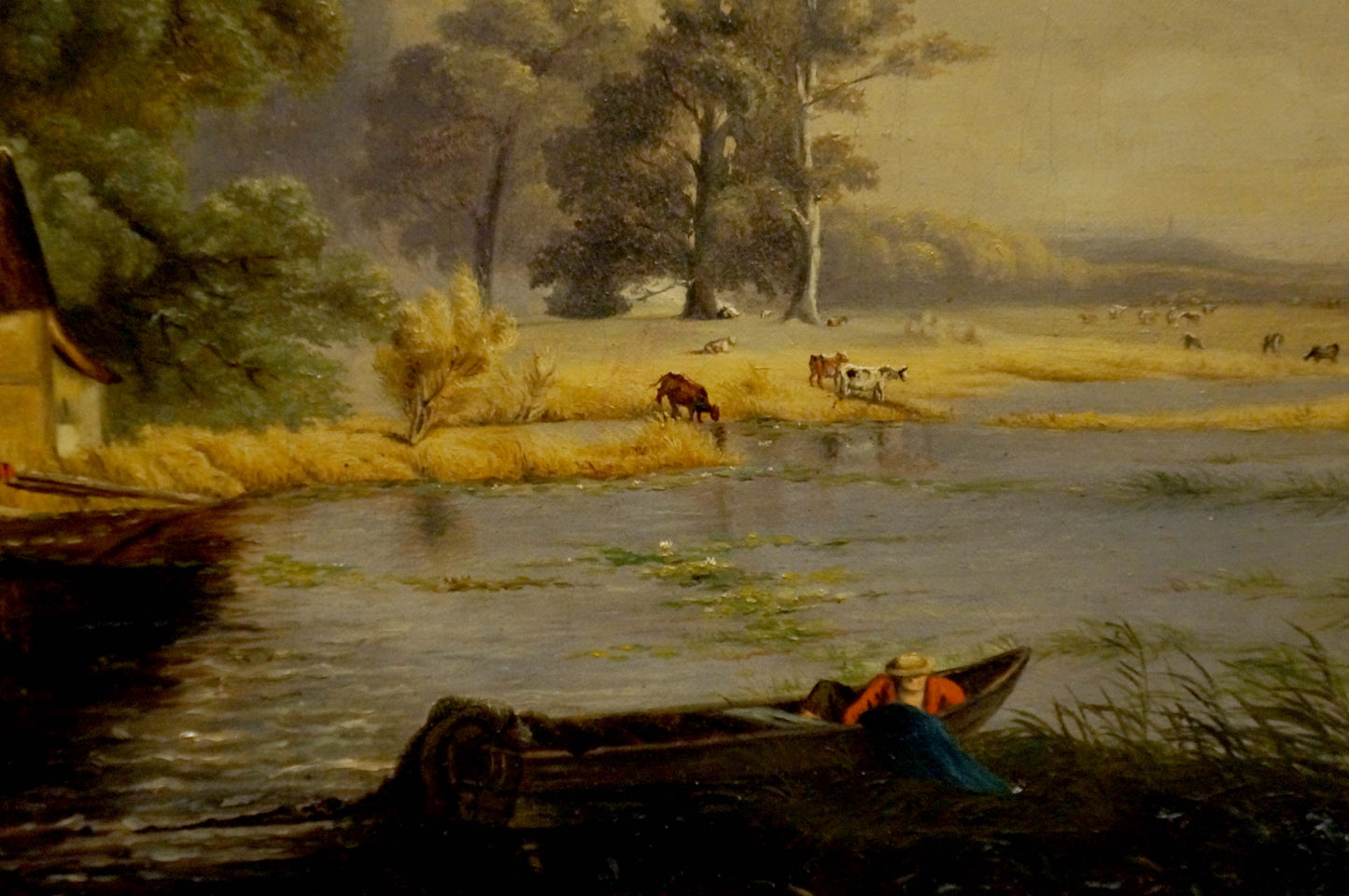 Oil painting Evening Along the River: rustic rowboat with figure in red garment