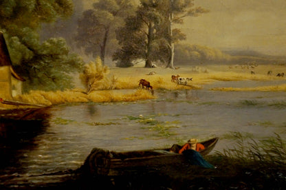 Oil painting Evening Along the River: rustic rowboat with figure in red garment