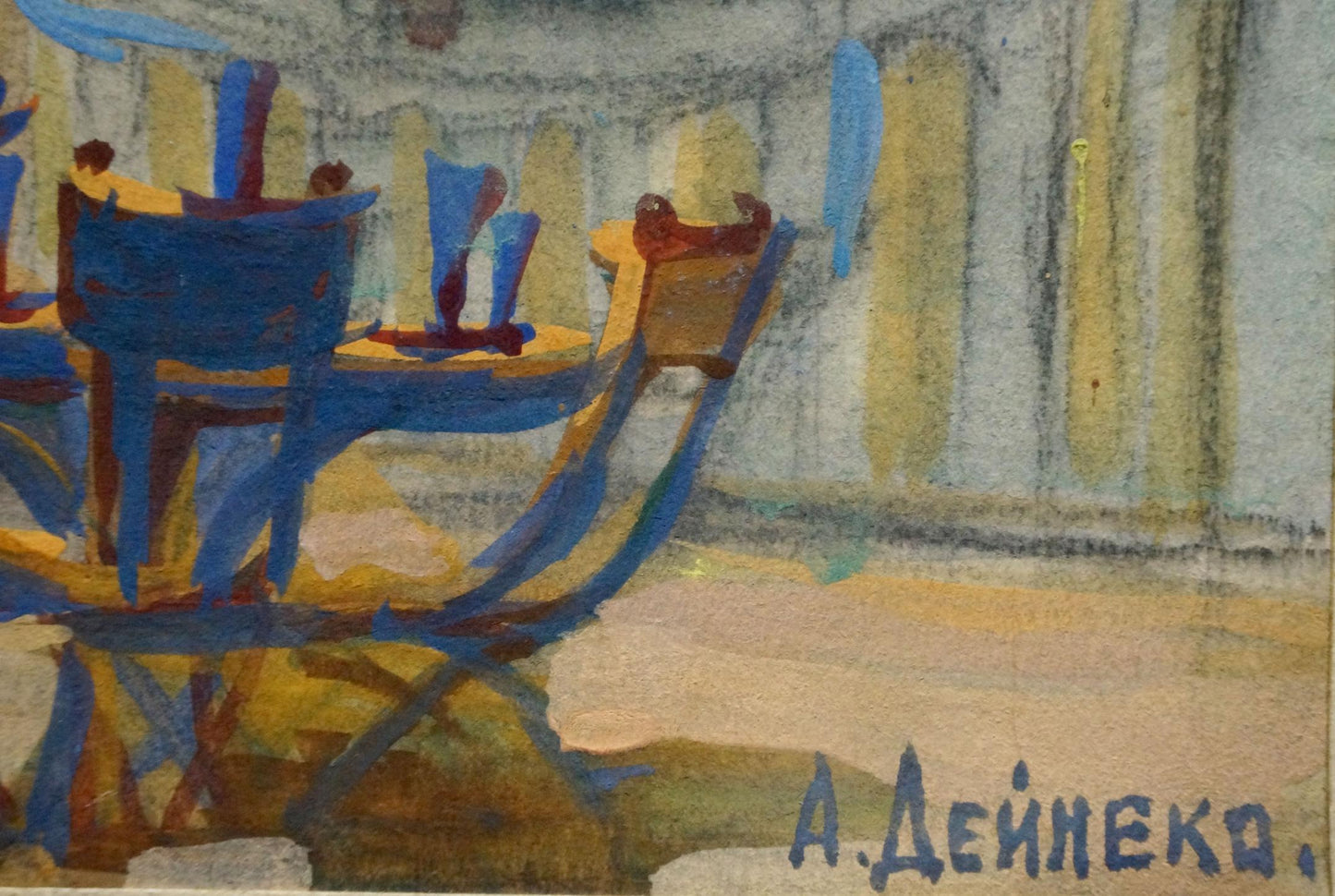 Blue and yellow watercolor chairs in Deineka oil night landscape painting