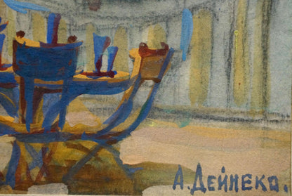 Blue and yellow watercolor chairs in Deineka oil night landscape painting