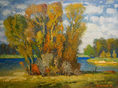 Oil painting Autumn beauty by Mynka Alexander Fedorovich: vibrant trees by serene river