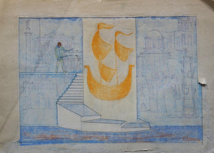 Stylized golden ship by Deineka Alexander Alexandrovich, watercolor city view