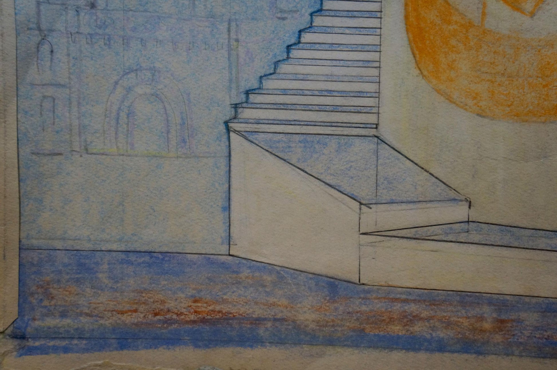 Blue and white sketch of staircase with arched doorway by Deineka