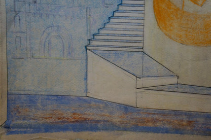 Blue and white sketch of staircase with arched doorway by Deineka