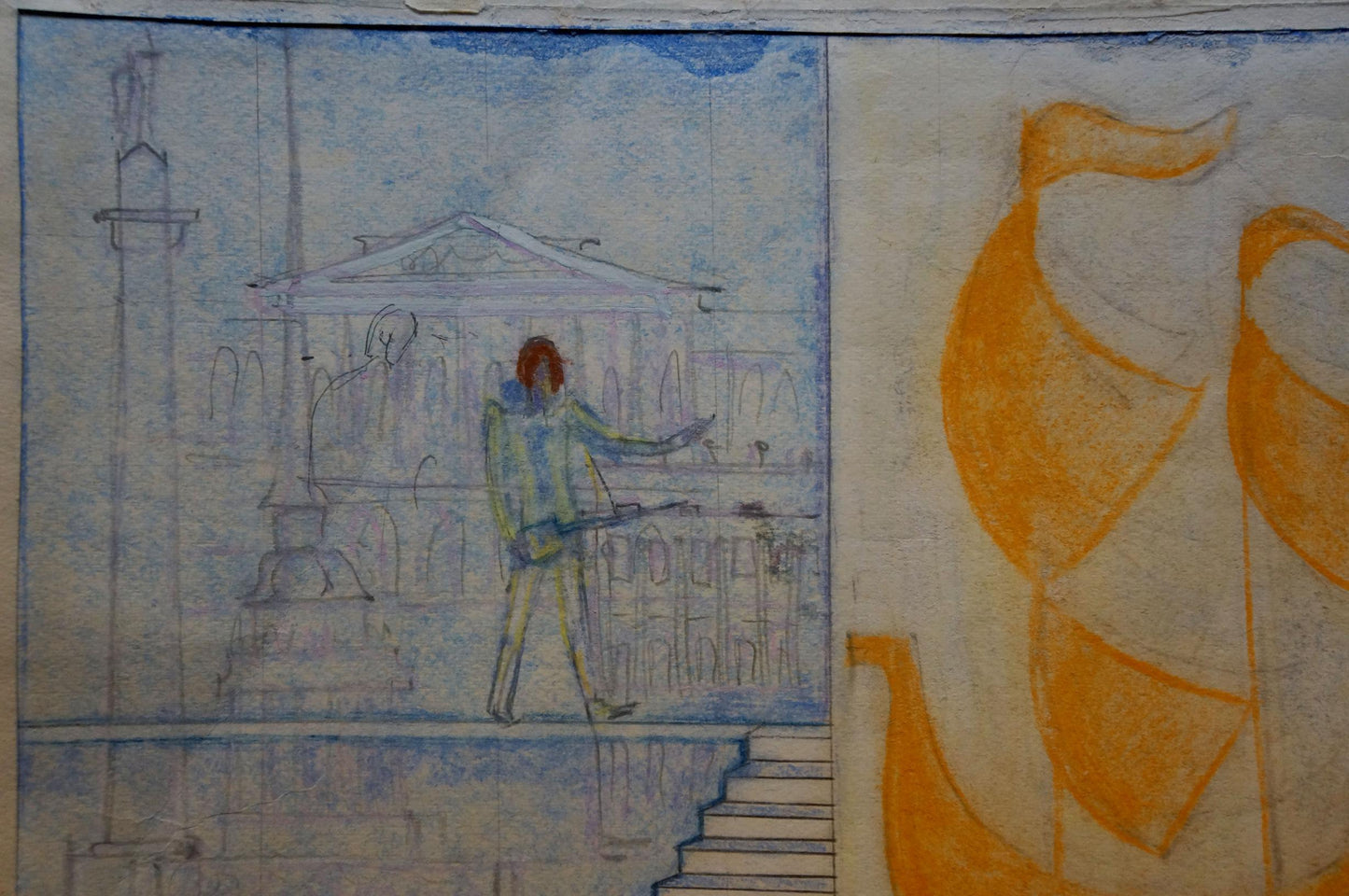 Sketch by Deineka Alexander Alexandrovich: red-haired figure on steps in blue pencil watercolor