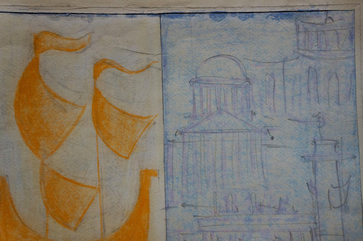 Orange crayon sketch of Deineka ship on textured paper
