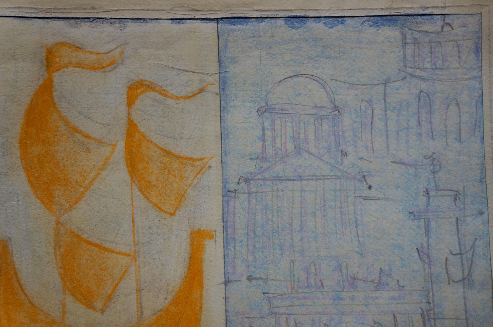 Orange crayon sketch of Deineka ship on textured paper