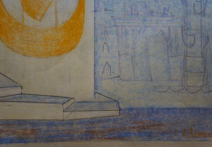 Hand-drawn yellow circle sketch by Deineka Alexander Alexandrovich on blue city view