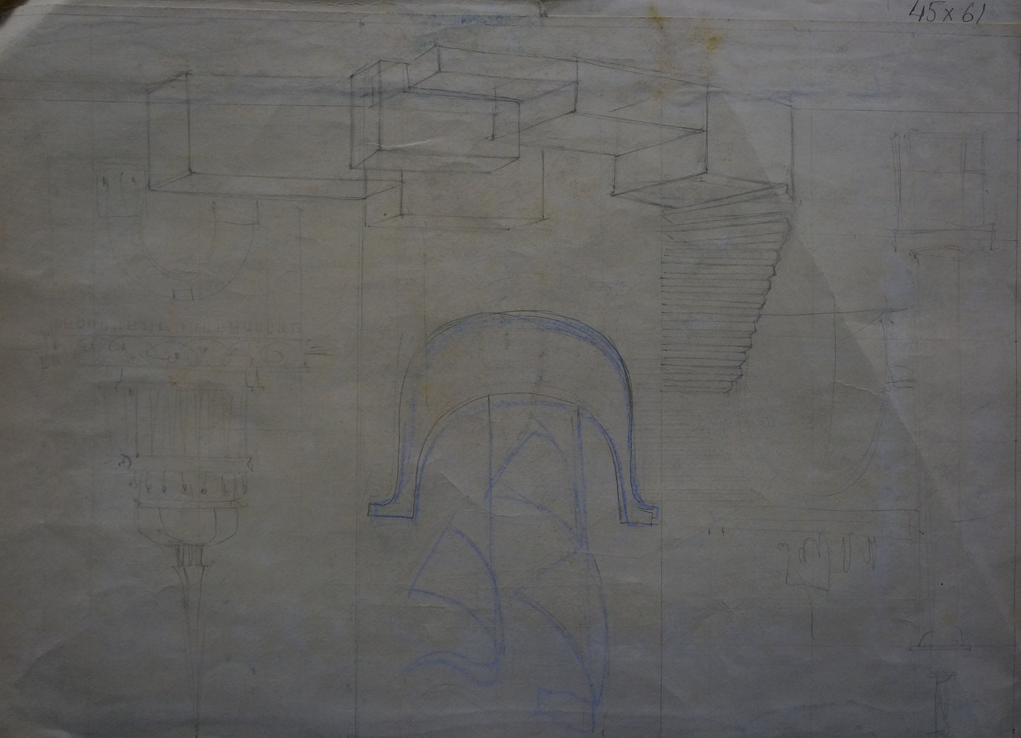 Blue pencil sketch of Deineka city view with staircase and arched doorway on aged paper