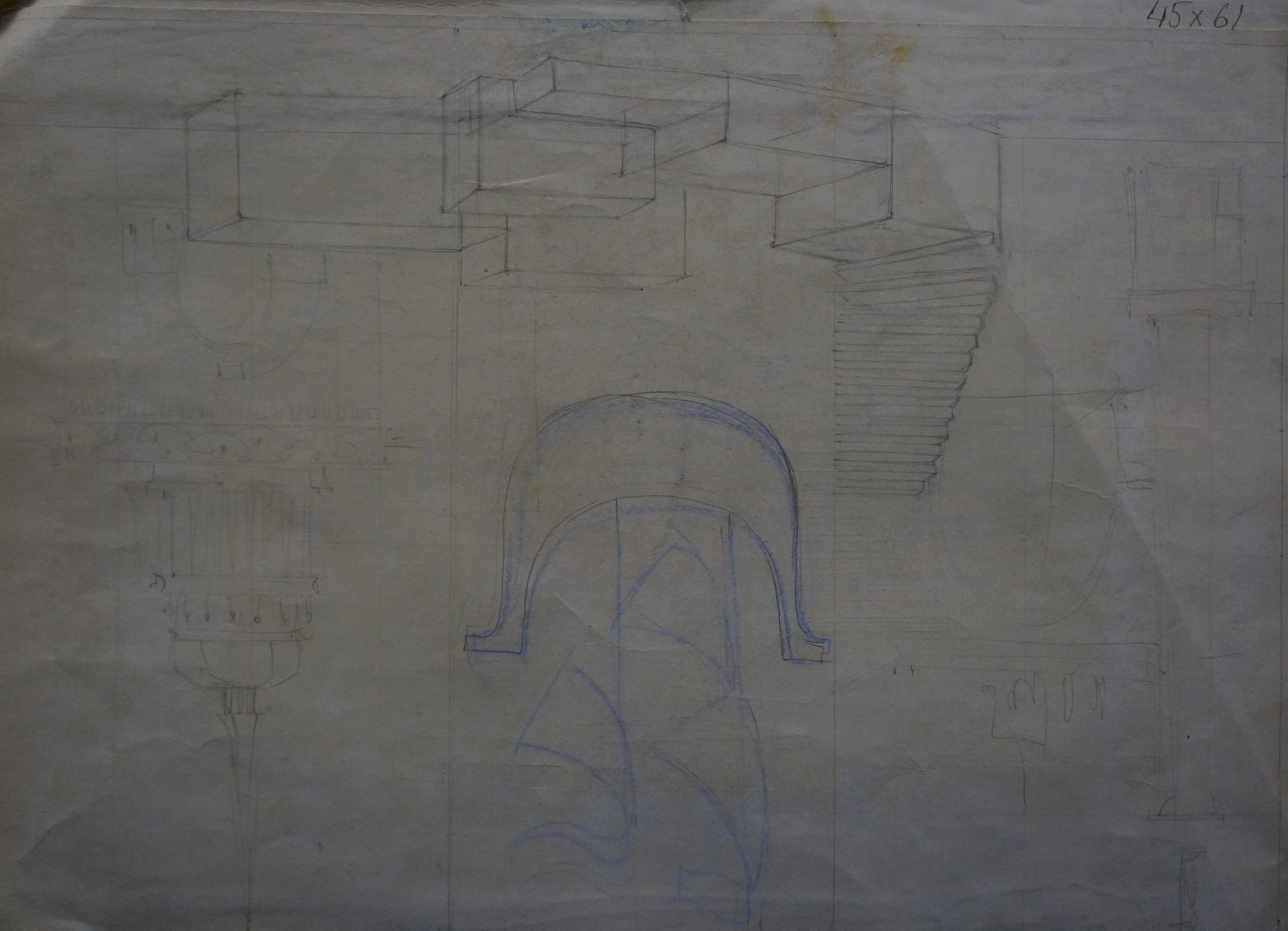 Blue pencil sketch of Deineka city view with staircase and arched doorway on aged paper
