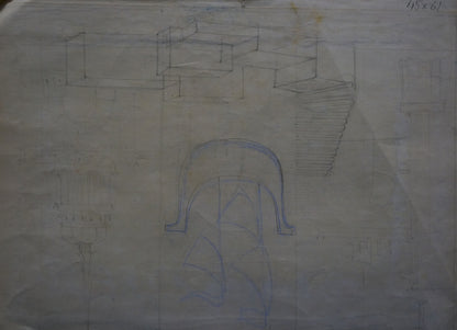 Blue pencil sketch of Deineka city view with staircase and arched doorway on aged paper