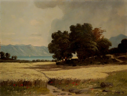 Oil painting Hay field: golden wheat, green trees, lake, mountains, cloudy sky