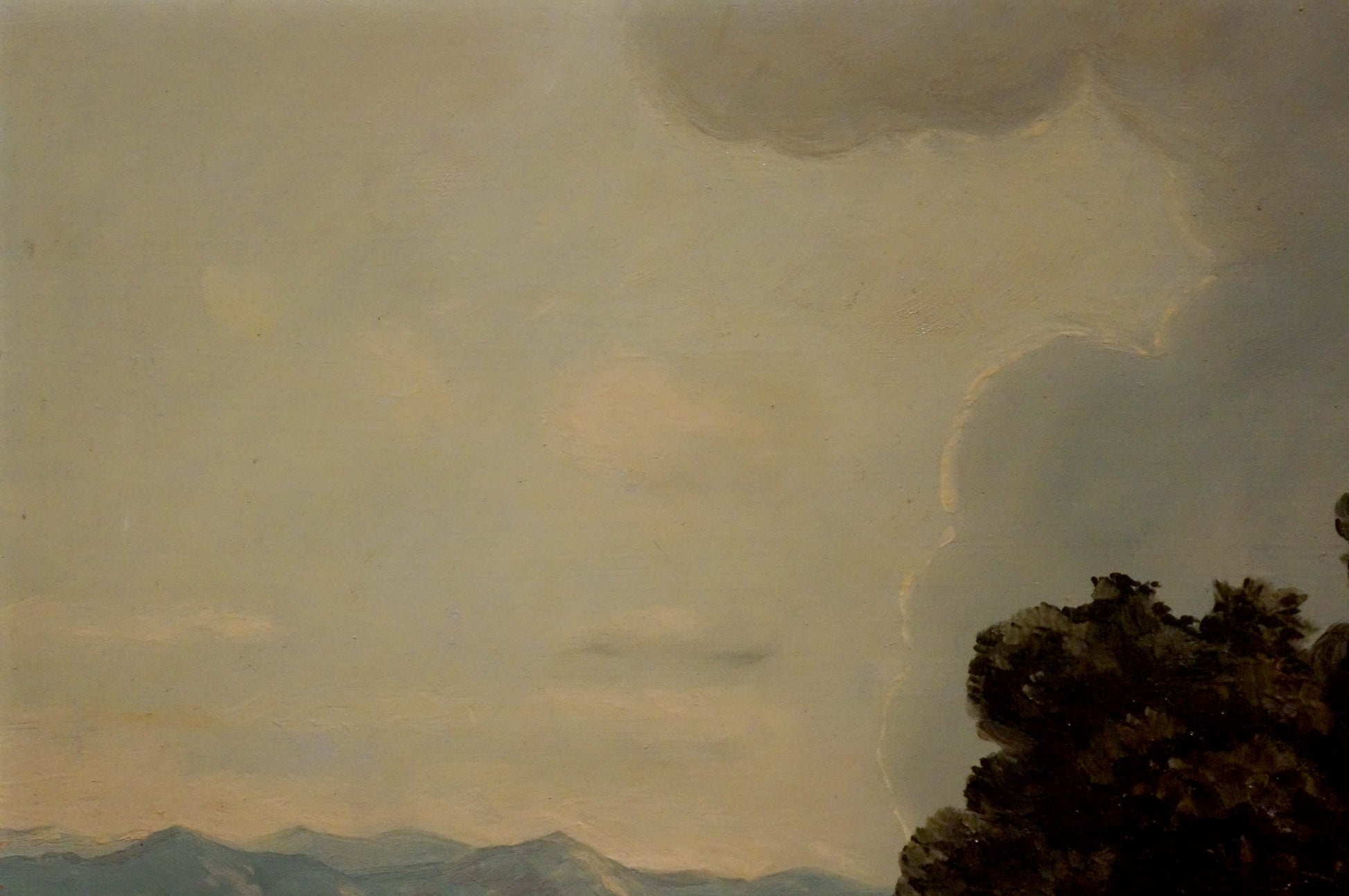Oil painting Hay field: muted sky with clouds over mountains and dark foliage