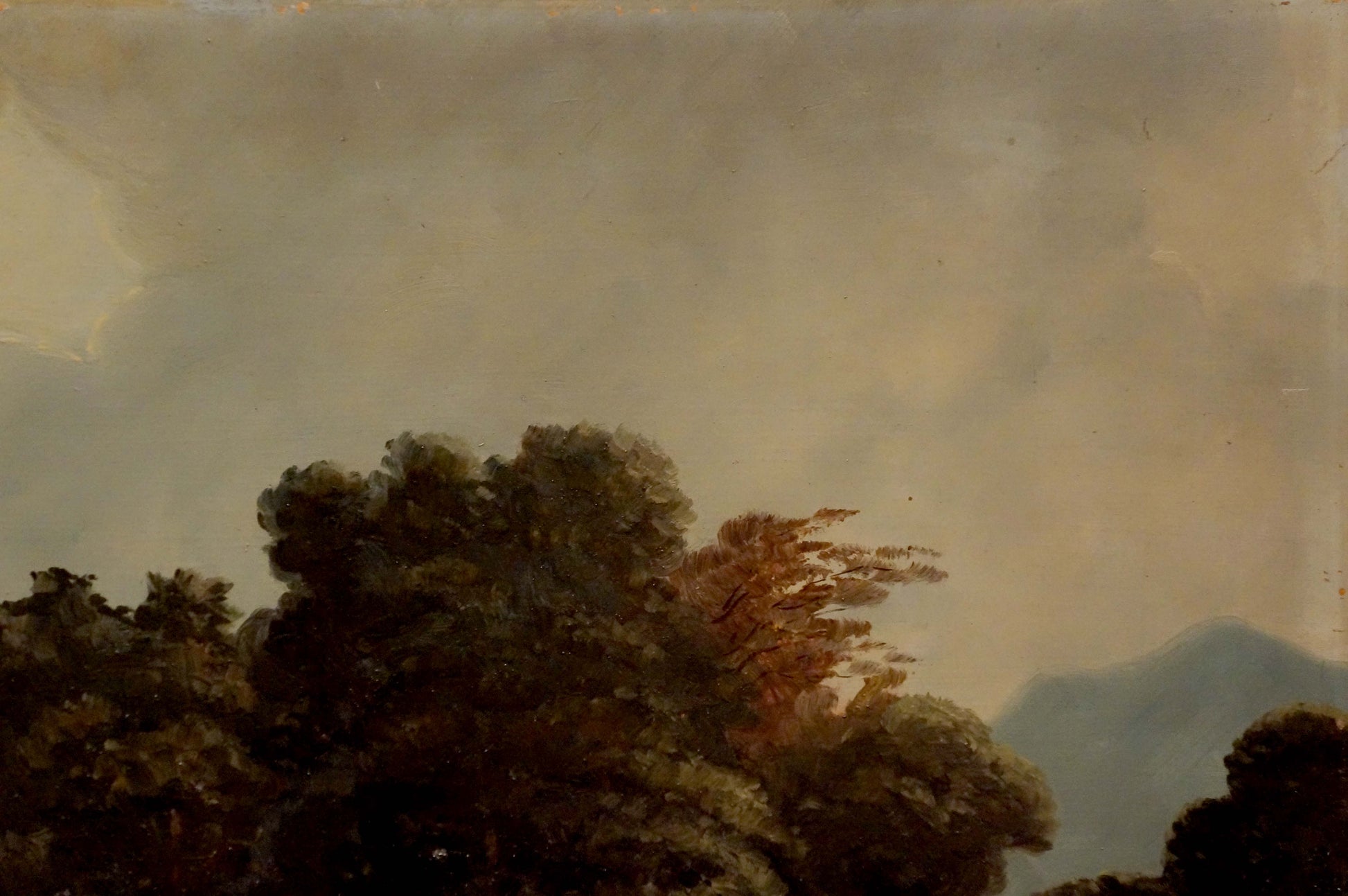 Oil painting Hay field: muted sky over dark green russet trees and distant mountains