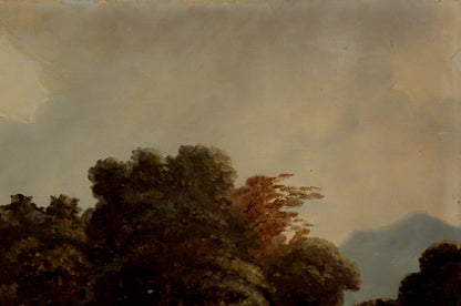 Oil painting Hay field: muted sky over dark green russet trees and distant mountains