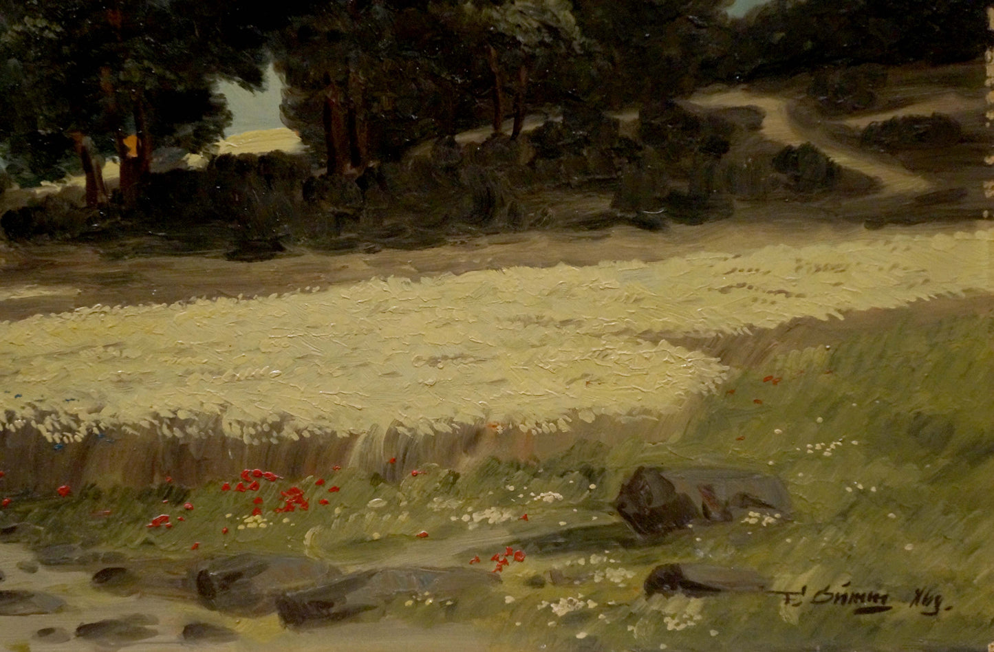 Oil painting Hay field: sunlit white flowers, poppies, path, trees