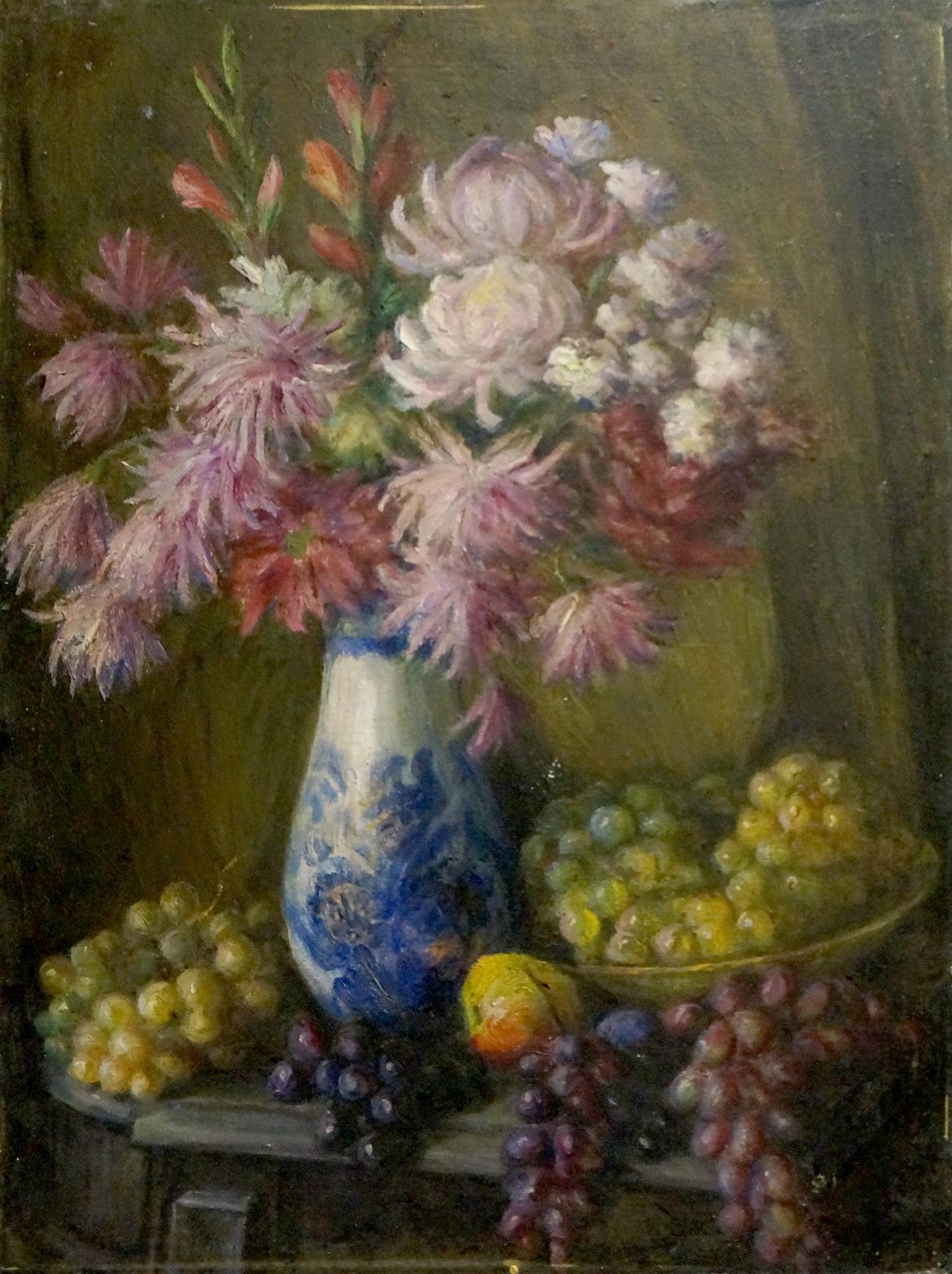 Oil painting of flowers and grapes in blue white floral porcelain vase