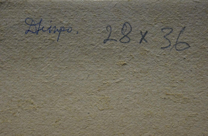 Back of oil painting Seascape by Konovalyuk Fedor Zotikovich with beige paper label skippo 28 x 36 in blue ink