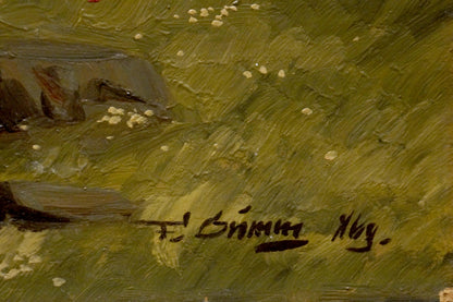 Black ink signature on back of Oil painting Hay field textured green canvas