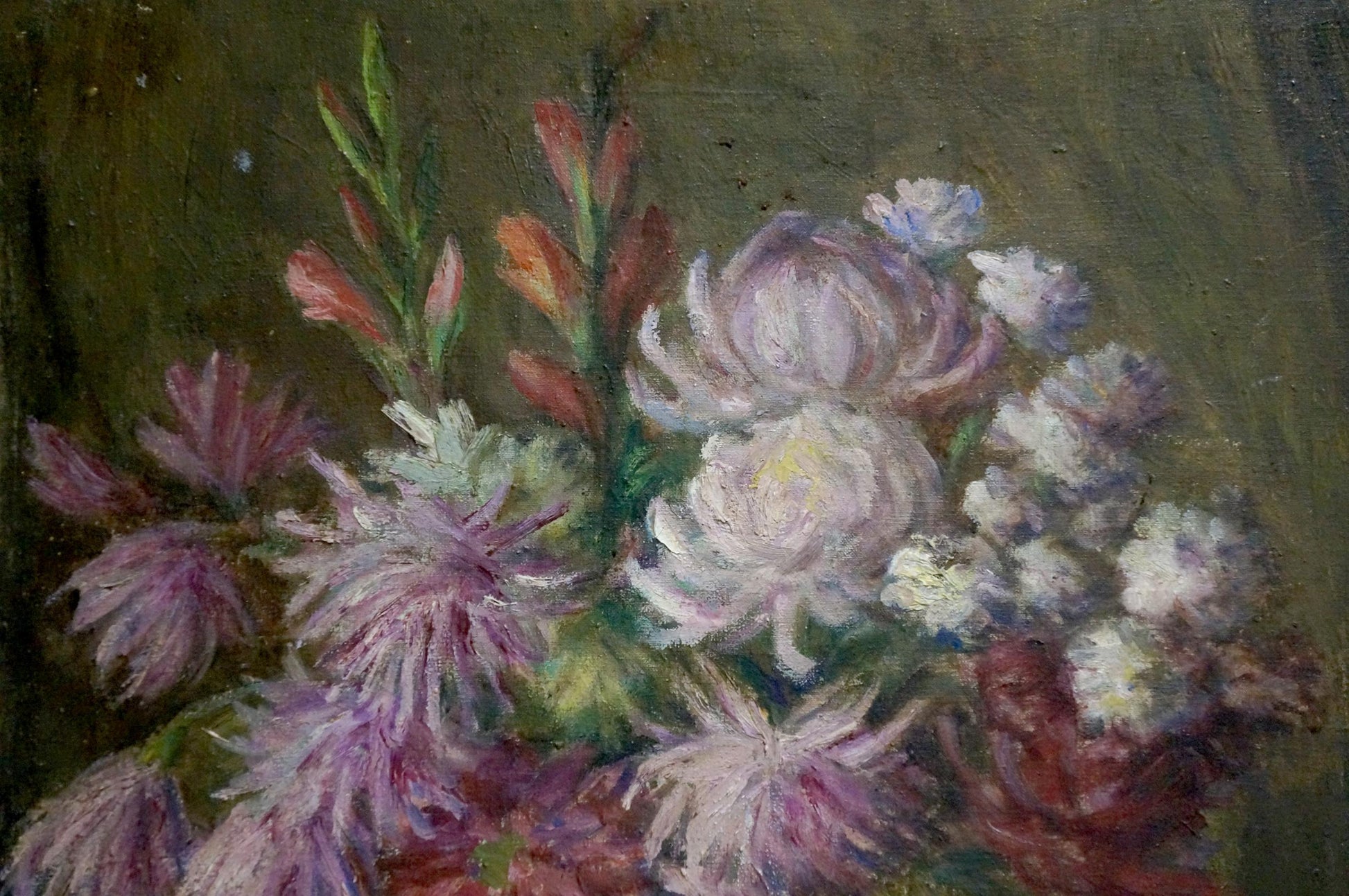 Oil painting of flowers and grapes with chrysanthemums and gladioli