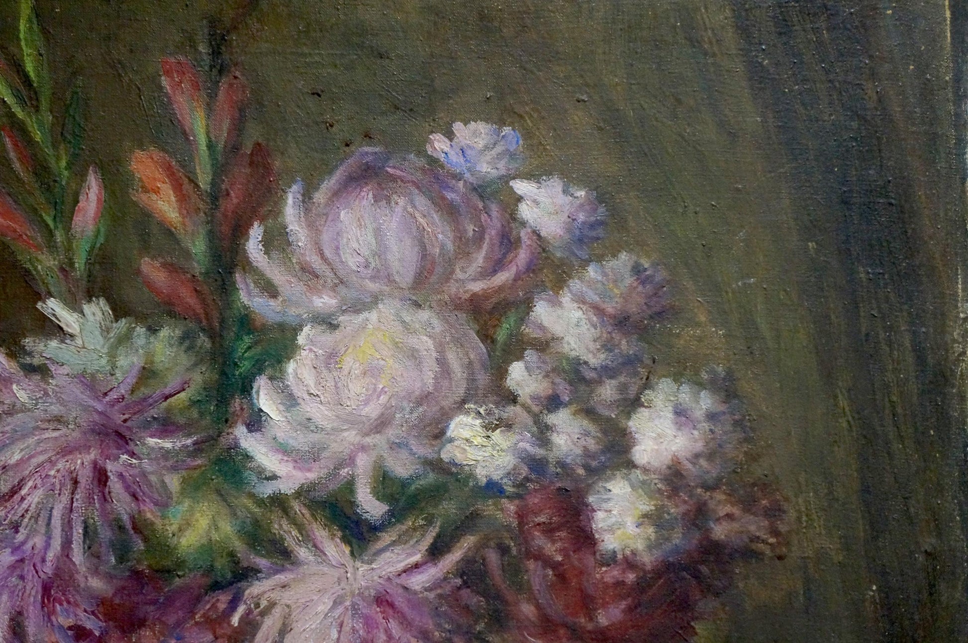 Oil painting of flowers and grapes with white chrysanthemums