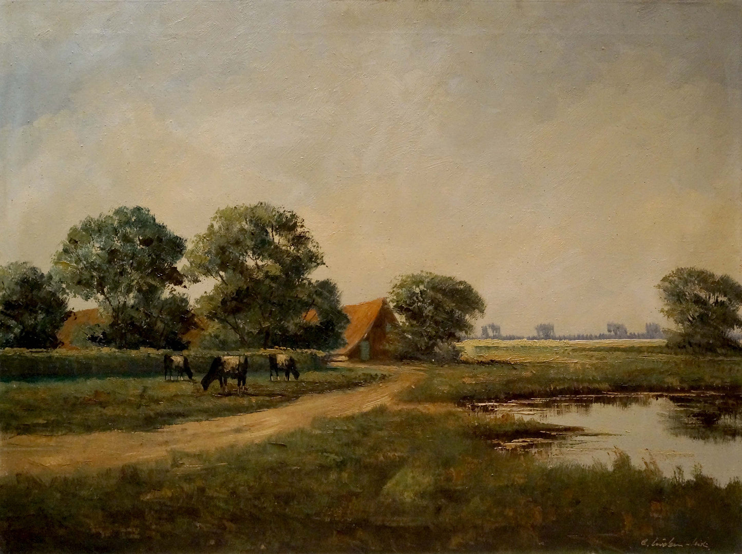 Oil painting pasture: serene farmhouse, cows, pond, lush trees