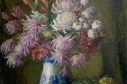 Oil painting of blue white vase with purple pink white chrysanthemums and grapes