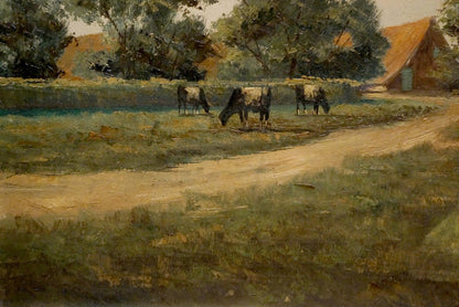 Oil painting Pasture: three black-and-white cows grazing sunlit field