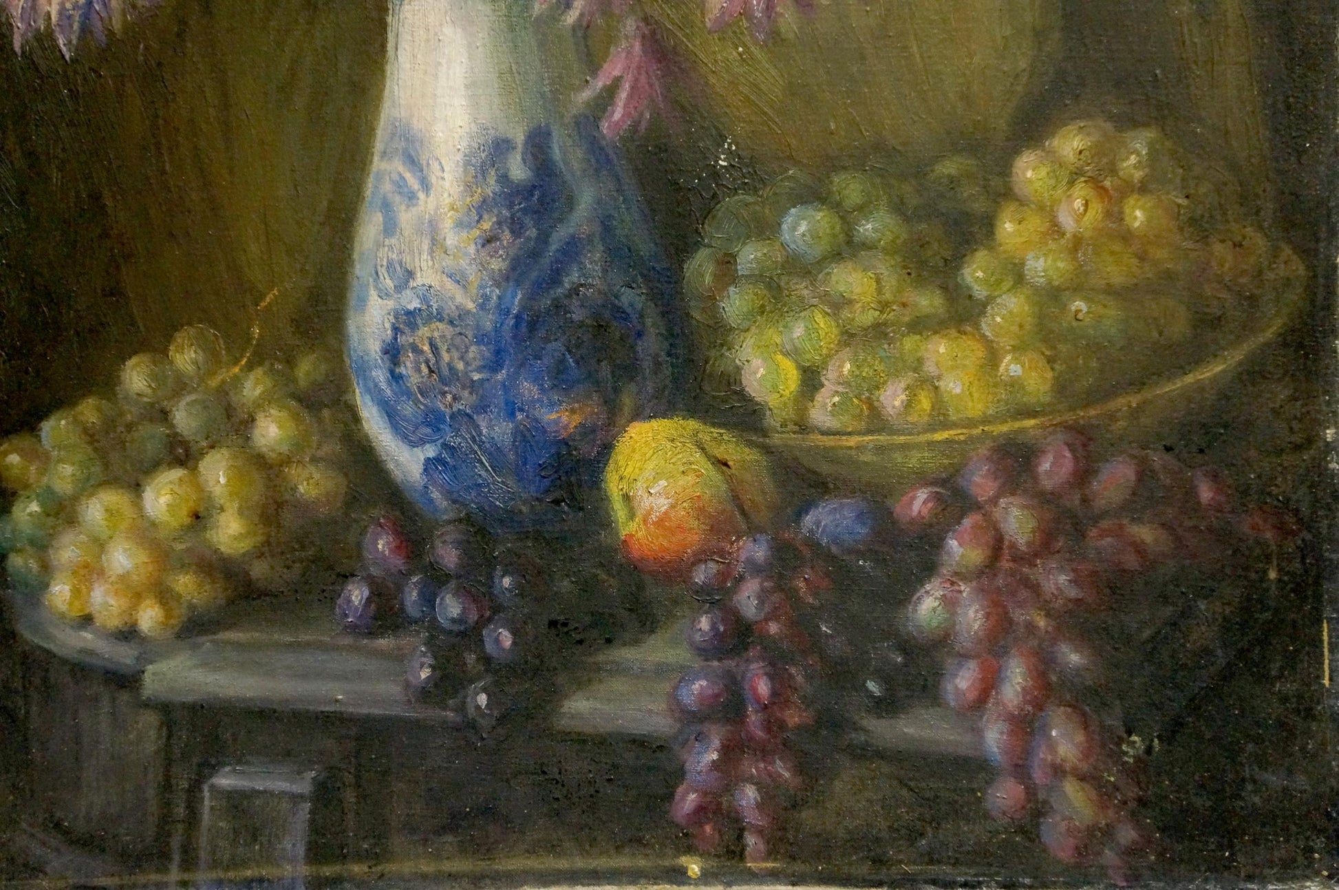 Blue and white porcelain vase with floral patterns, oil painting style