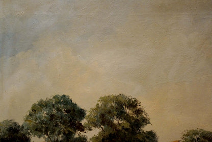 Oil painting Pasture: textured dark green leafy tree tops on beige-gray sky