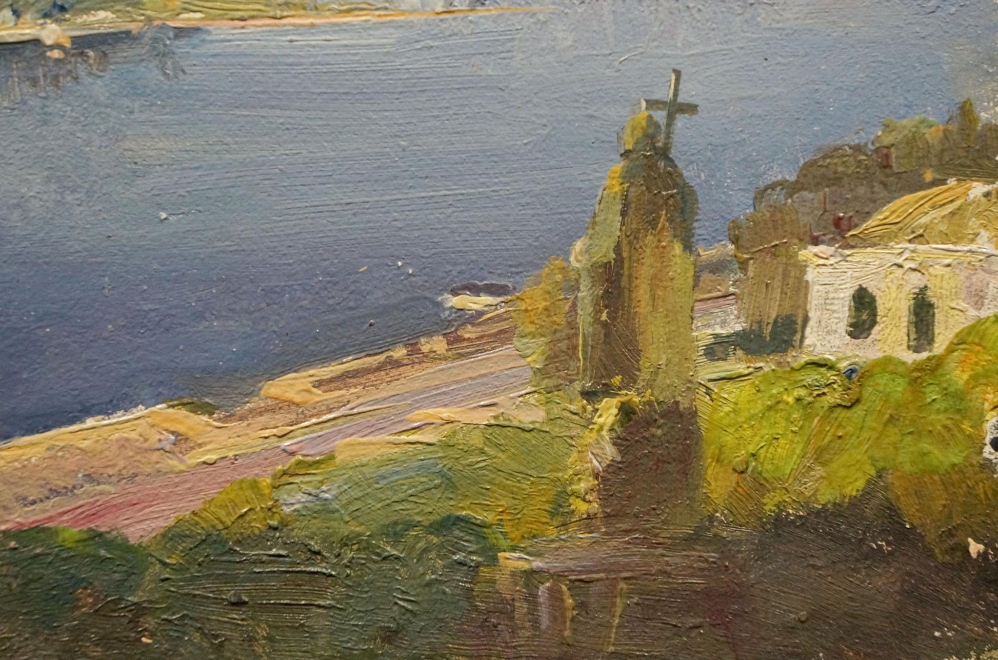 Oil painting After the Rain by Konovalyuk Fedor Zotikovich, weathered stone church by sea
