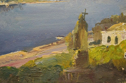 Oil painting After the Rain by Konovalyuk Fedor Zotikovich, weathered stone church by sea