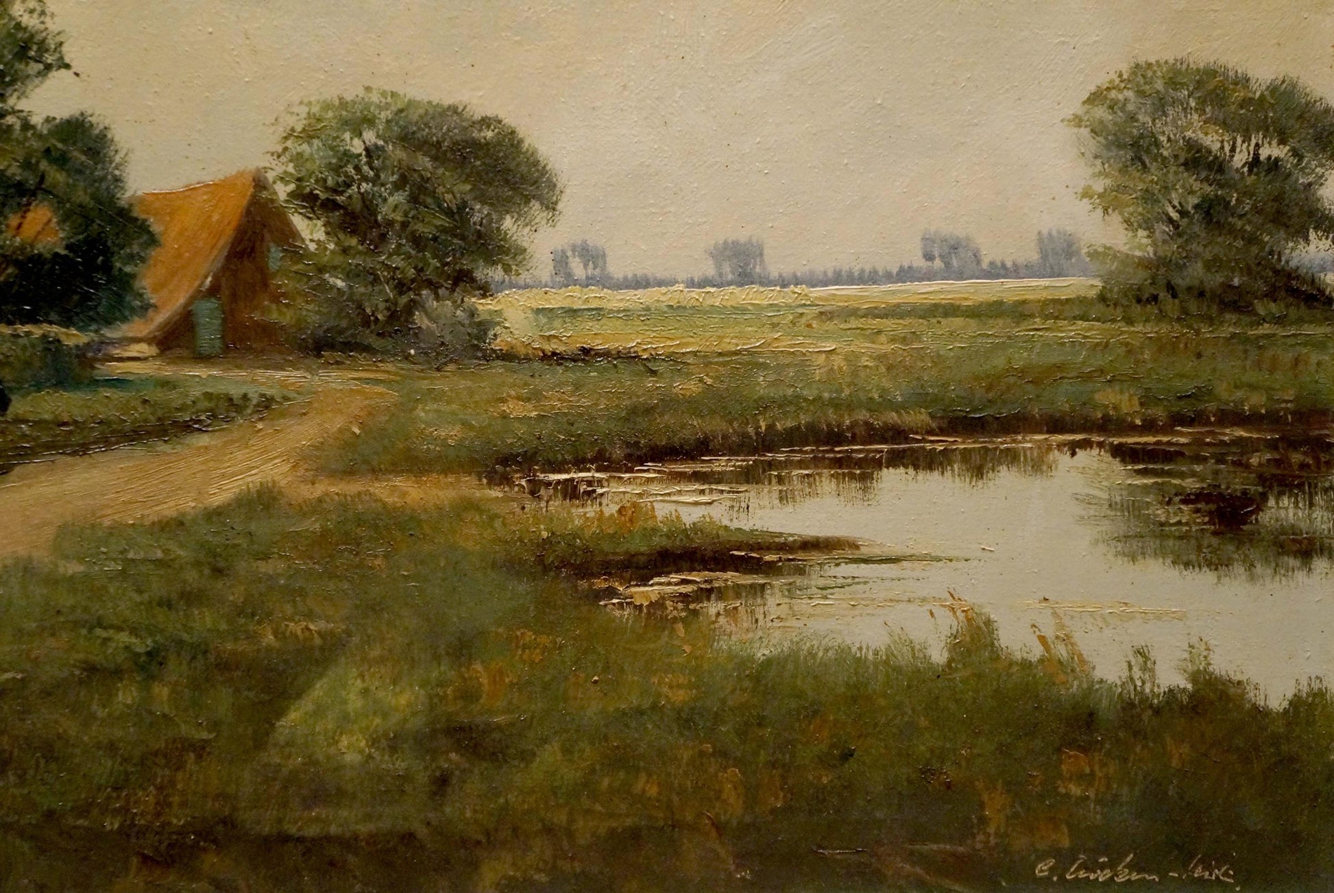 Oil painting of rustic thatched house by pond in green pasture
