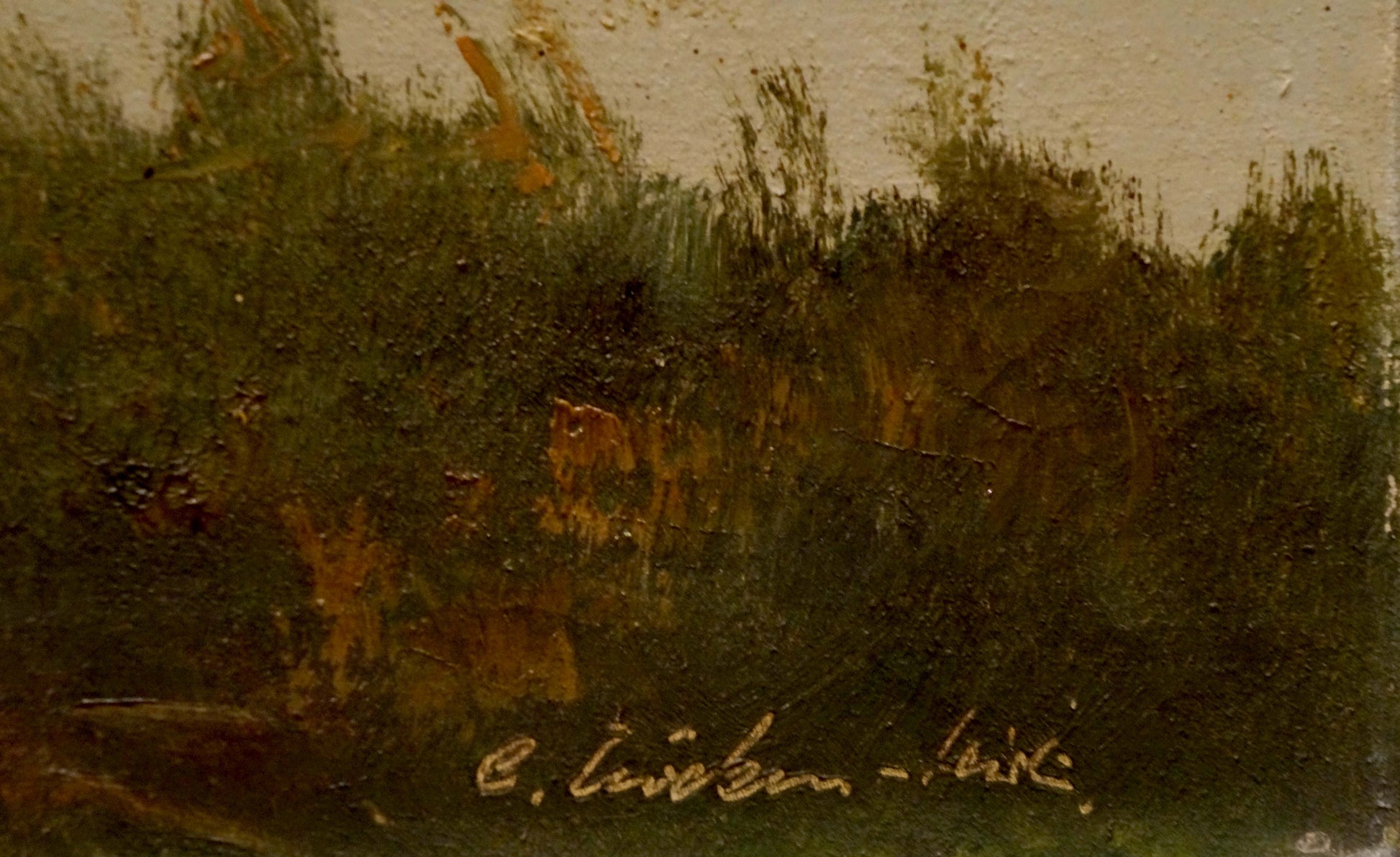 Oil painting Pasture: textured dark green forest under off-white sky